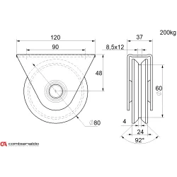 Vodiace koliesko ø 80mm s oporou Combi Arialdo, V profil, nosnosť 200kg Vodiace koliesko ø 80mm s oporou Combi Arialdo, V profil, nosnosť 200kg